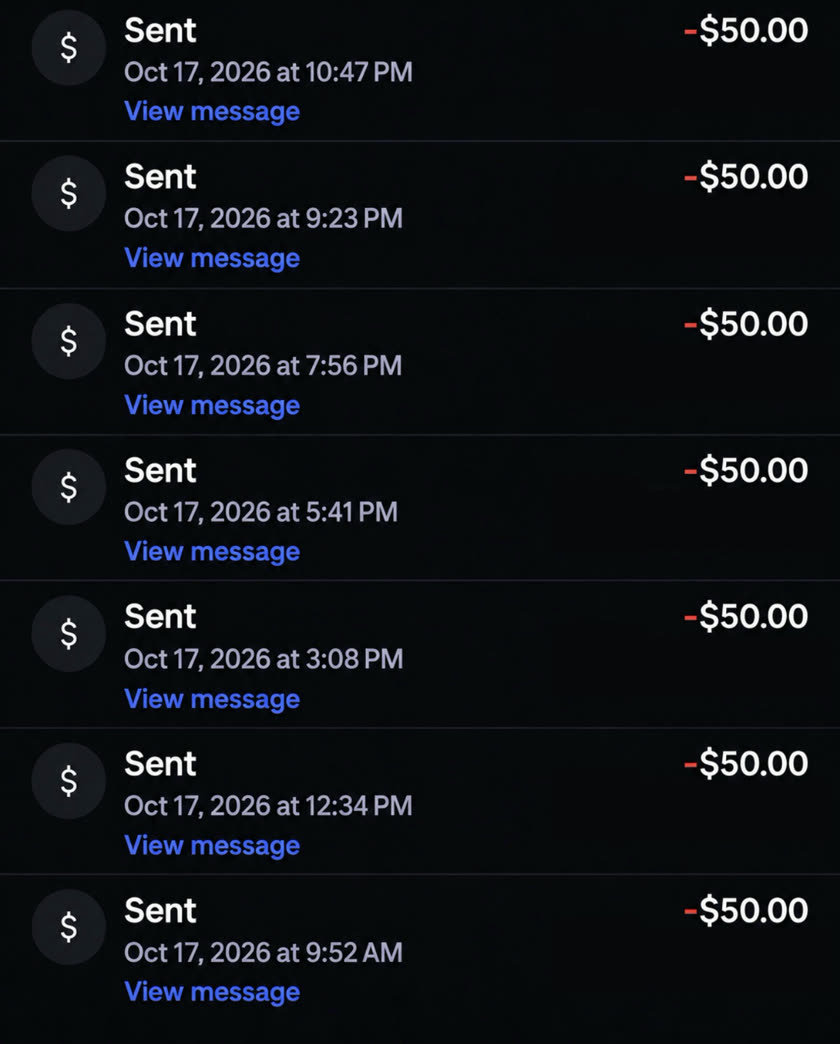 Payment history: seven payouts of $50.00 marked Sent on 17 October 2026, between 9:52 AM and 10:47 PM.